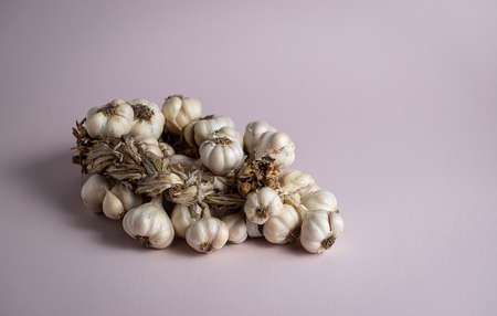 Fragrant Garlic wreath lies on light background. Agriculture and farmingの写真素材