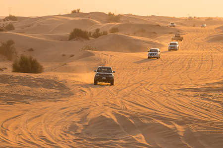 11 November 2021, UAE, Dubai: Desert Safari along the sand dunes in Dubai or Abu Dhabi, UAE -...