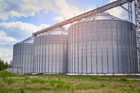 Metal elevator (grain silo) in agriculture zone. Grain Warehouse or depository is an important part of harvesting. Ð¡orn, wheat and other crops are stored in itの写真素材