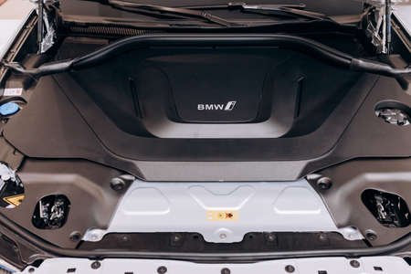 Vinnitsa, Ukraine - January 14, 2022. BMW IX 3 - new model all-electric SUV car presentation in showroom - under the hoodのeditorial素材