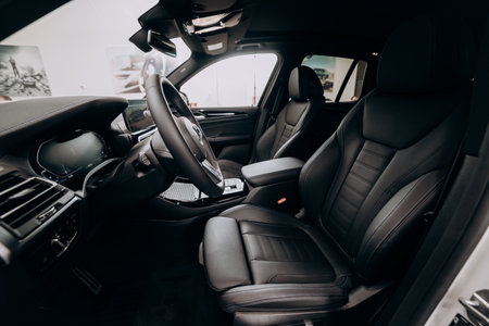 Vinnitsa, Ukraine - January 14, 2022. BMW IX 3 - new model all-electric SUV car presentation in showroom - interior insideのeditorial素材