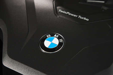 Vinnitsa, Ukraine - February 24, 2021. Engine of BMW Series 3 - new model car presentation in showroomのeditorial素材