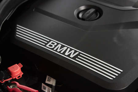 Vinnitsa, Ukraine - February 24, 2021. Engine of BMW Series 3 - new model car presentation in showroomのeditorial素材