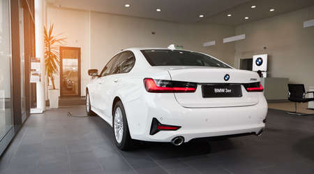 Vinnitsa, Ukraine - February 24, 2021. Back view of BMW Series 3 - new model car presentation in showroomのeditorial素材