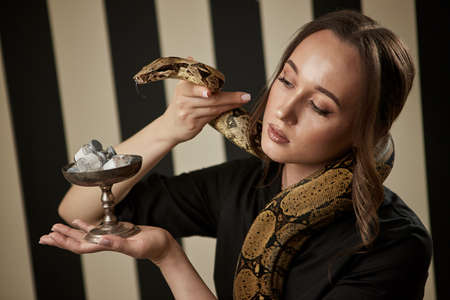 Portrait of beautiful female doctor cosmetologist with snake holding a bowl with medical preparations for injection in the modern clinic. Symbol of medicineの写真素材