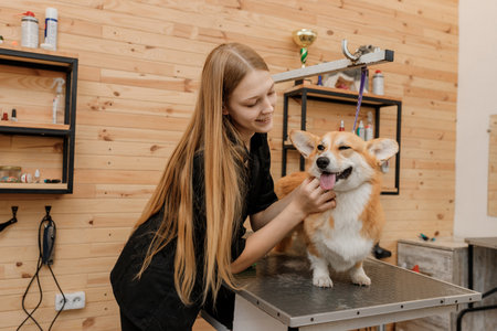 Woman groomer combing fur of Welsh Corgi Pembroke dog with comb after bathing and drying at grooming salon. Woman pet hairdresser doing hairstyle in veterinary spa clinicの写真素材