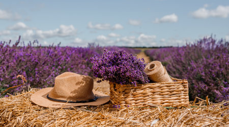 A bunch of cut lavender in a wicker basket against a backdrop of flowering lavender fields. Lavander Harvesting conceptの写真素材