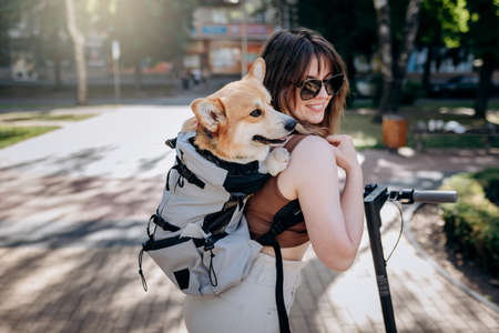 Happy smiling woman traveler is riding her electro scooter in city parkland with dog Welsh Corgi Pembroke in a special backpackの写真素材