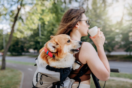 Happy smiling woman traveler is standing with electro scooter and drinking coffee in city parkland with dog Welsh Corgi Pembroke in a special backpackの写真素材