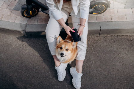 Top view of businesswoman in white suit sitting on electric scooter and using phone during walking with Welsh Corgi Pembroke dog in cityの写真素材
