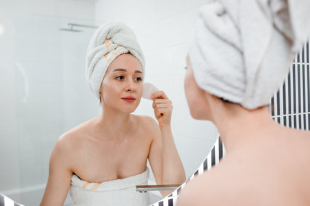 Young beautiful woman wearing white towel doing face massage with pink quartz scraper during beauty morning routine in bathroom. Anti aging treatments and skincare conceptの写真素材