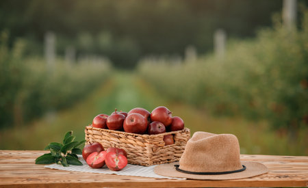 Fresh ripe red apples in the basket on wooden table with natural orchard background. Vegetarian fruit composition. Harvesting conceptの写真素材