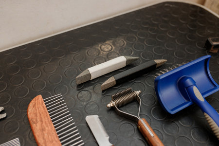 Accessories for dogs grooming such as electric pet clipper, grooming scissors, wool brush. The...