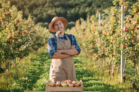 Happy smiling male farmer worker crop picking fresh ripe apples in orchard garden during autumn...