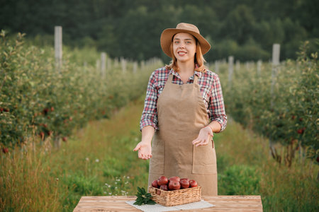 Happy smiling female farmer worker crop picking fresh ripe apples in orchard garden during autumn...