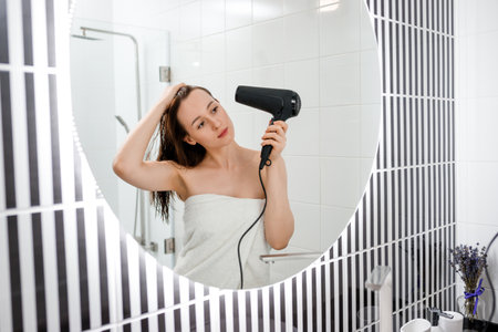 Young woman drying and styling hair with hair dryer, making hairstyle in modern bathroom interior. Beauty routine after morning showerの写真素材