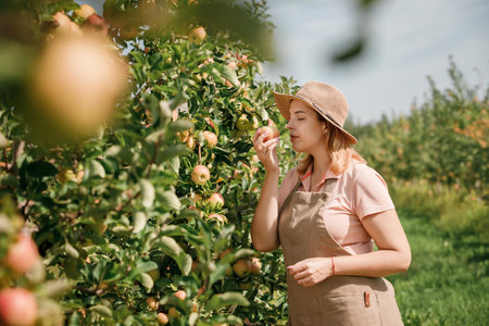 Happy smiling female farmer worker crop picking and smelling fresh ripe apples in orchard garden...