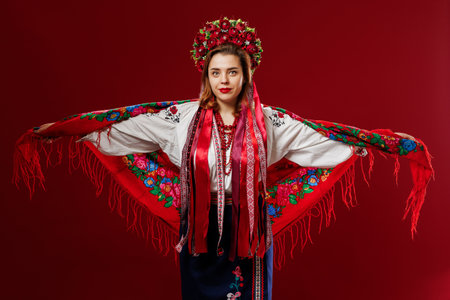 Portrait of ukrainian woman in traditional ethnic clothing and floral red wreath on viva magenta studio background. Ukrainian national embroidered dress call vyshyvanka. Pray for Ukraineの写真素材