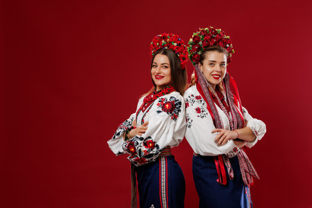Ukrainian women in traditional ethnic clothing and floral red wreath on viva magenta studio background. National embroidered dress call vyshyvanka. Pray for Ukraineの写真素材