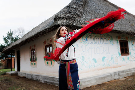 Charming woman with traditional ukrainian handkerchief, necklace and embroidered dress standing at background of decorated hut with thatched roof. Ukraine, style, folk, ethnic cultureの写真素材