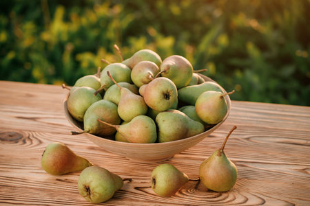 Fresh ripe pear in the basket on wooden table with natural orchard background on sunset. Vegetarian fruit composition. Harvesting conceptの写真素材