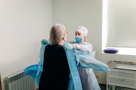 Nurse ties a sterile gown to the surgeon before the operation. Doctors prepare for surgery in the operating room, put on a medical uniformの写真素材