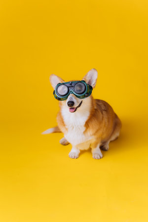 Adorable funny Welsh Corgi Pembroke in welding goggles sitting on yellow studio background. Most popular breed of Dogの写真素材