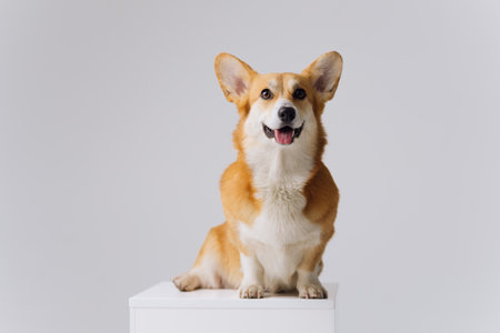 Adorable cute Welsh Corgi Pembroke sitting on white background and looking at side. Most popular breed of Dogの写真素材