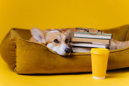 Smart tired Welsh Corgi Pembroke in glasses lying in dog bed with stack of book and paper cup of coffee on yellow studio background. Most popular breed of Dog. Advertising conceptの写真素材