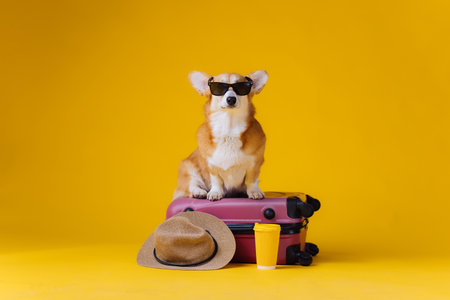 Adorable cute Welsh Corgi Pembroke in sunglasses going on vacation standing on red suitcase with straw hat on yellow studio background. Funny Vacation and Travel conceptの写真素材