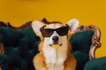 Funny cute Welsh Corgi Pembroke in eyeglasses lying on royal chair on yellow studio background. Most popular breed of Dogの写真素材