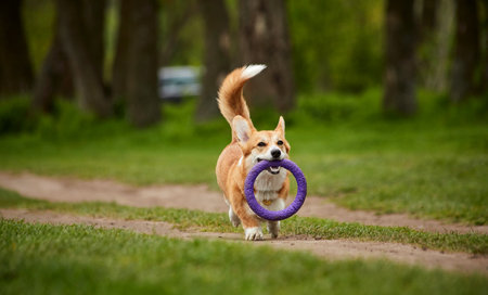 Happy Welsh Corgi Pembroke dog playing with puller in the spring parkの写真素材