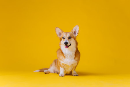 Adorable cute Welsh Corgi Pembroke sitting on yellow studio background. Most popular breed of Dogの写真素材