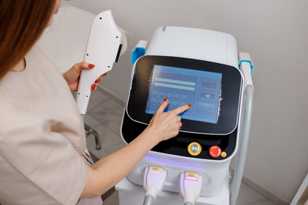 Close up of beautician hand in glove holding ultrasound device for face and skin lifting procedure...