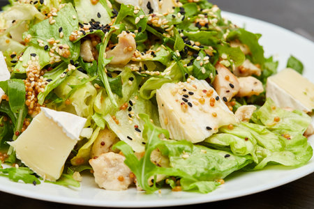 Fresh green salad with chicken, brie cheese, and sesame seeds, served with berry sauce on the sideの写真素材
