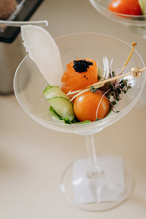 Assortment of delicious snacks on the open buffet festive table in restaurant. Catering plateの写真素材