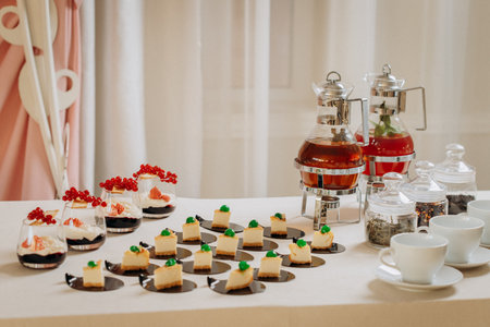 Dessert buffet with delicious sweet bakery and coffee-snack with stylish banks of lemonade and tea