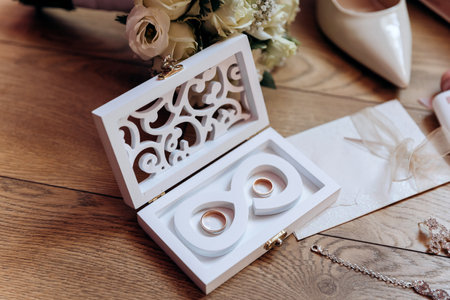 Brides wedding essentials: heels, bouquet, rings, perfume, and invitation on table
