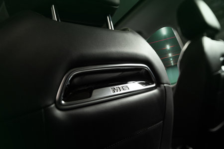 Vinnitsa, Ukraine - February 03, 2024: MG Marvel R luxury leather car seat with brand logo,...