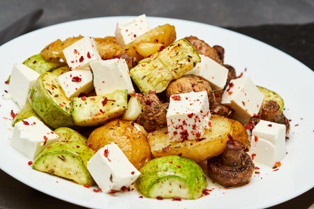 Roasted vegetable salad with feta cheese, seasoned with herbs and chili flakes for a flavorful biteの写真素材