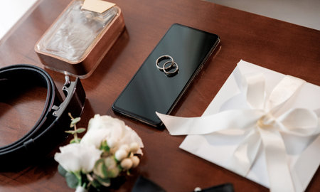 Grooms wedding essentials on table, featuring rings on phone, bow tie, boutonniere, perfume, beltの写真素材