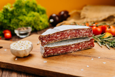 Dry-cured salami on board, ideal for rustic charcuterie presentations and gourmet food stylingの写真素材