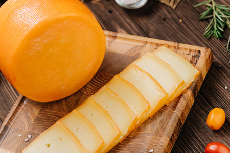 Wheel and slice of cheese on cutting board, perfect for culinary displays and gourmet presentations