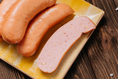 Sliced and whole sausages on a plate, ideal for food photography, culinary presentations, and menus