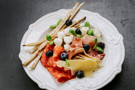 Italian antipasto platter with cured meats, cheese, olives, breadsticks, and fresh herbsの写真素材
