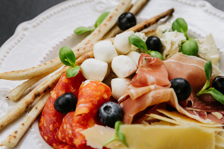 Italian antipasto platter with cured meats, cheese, olives, breadsticks, and fresh herbsの写真素材
