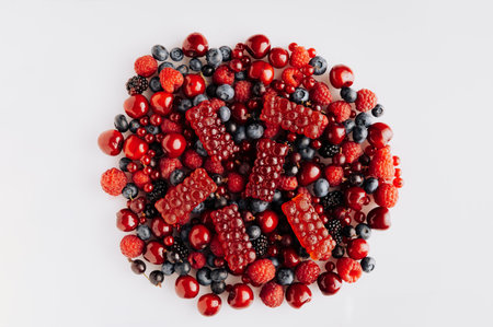 Natural berry marmalade on fresh fruit and berries, perfect for advertising healthy sweet treatsの写真素材