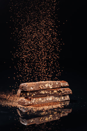 Chocolate bars with nuts and cocoa powder falling, captured in a stunning dark and reflective setup