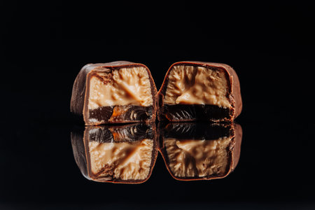 Decadent chocolate candy with gooey caramel filling, perfect for confectionery and dessert themesの写真素材
