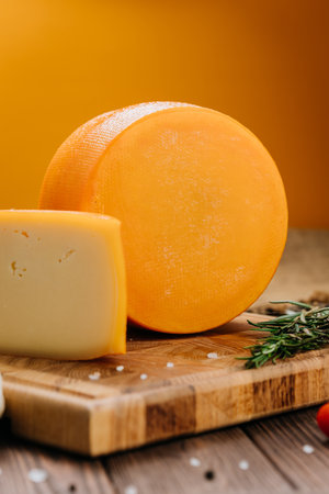 Golden cheese wheel and slice on wooden board, ideal for food photography and culinary presentationsの写真素材